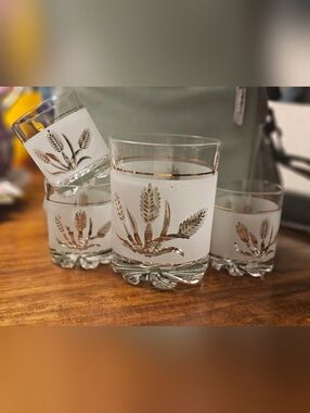 DeValBor Italian Frosted Gold Leaf Wheat Pattern Ice Bucket 3 Glasses Vintage